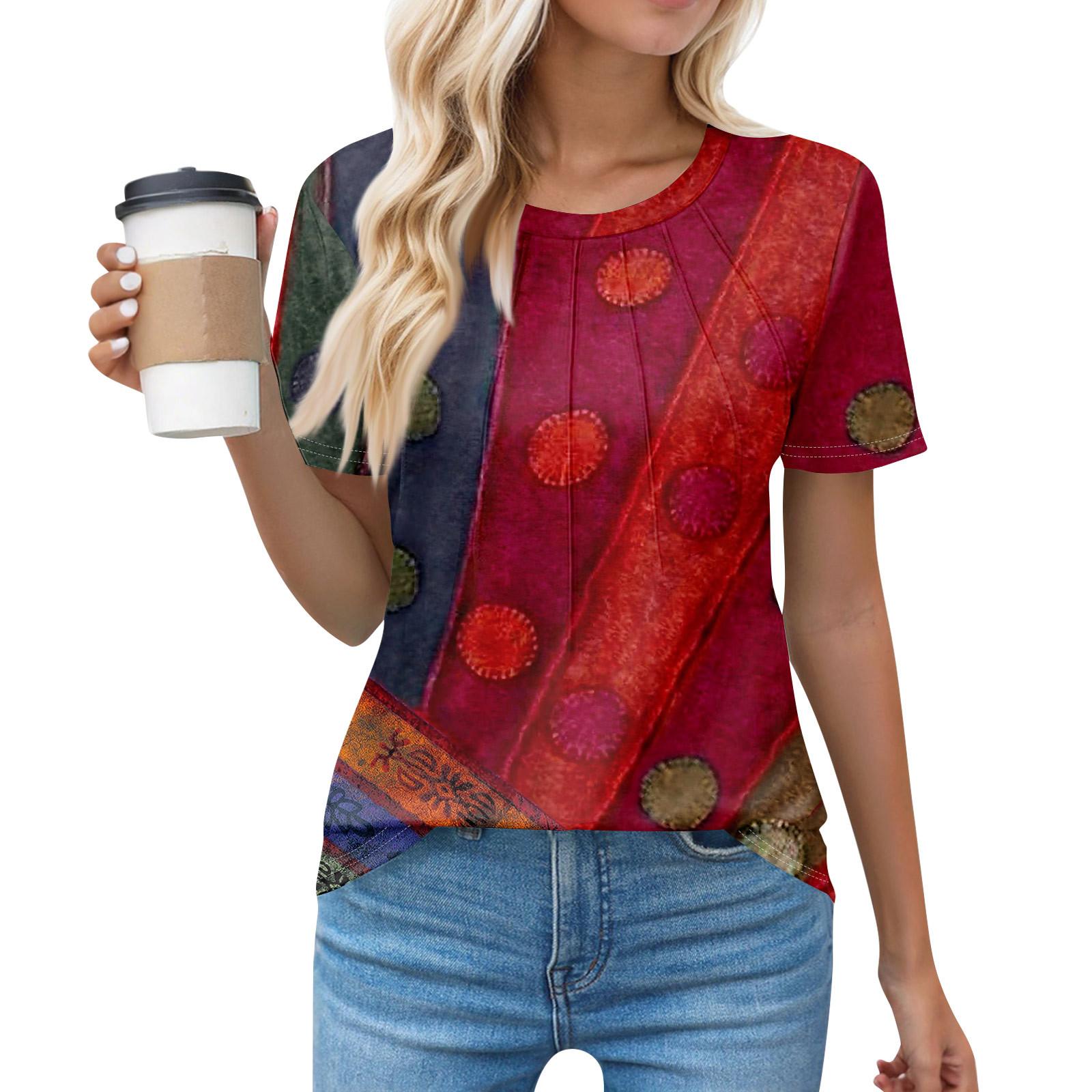 

Футболки для женщин, плиссированные, с круглым вырезом, нарядные, повседневные, блузки с принтом, с коротким рукавом, летние топы, свободный крой XXL киноварь