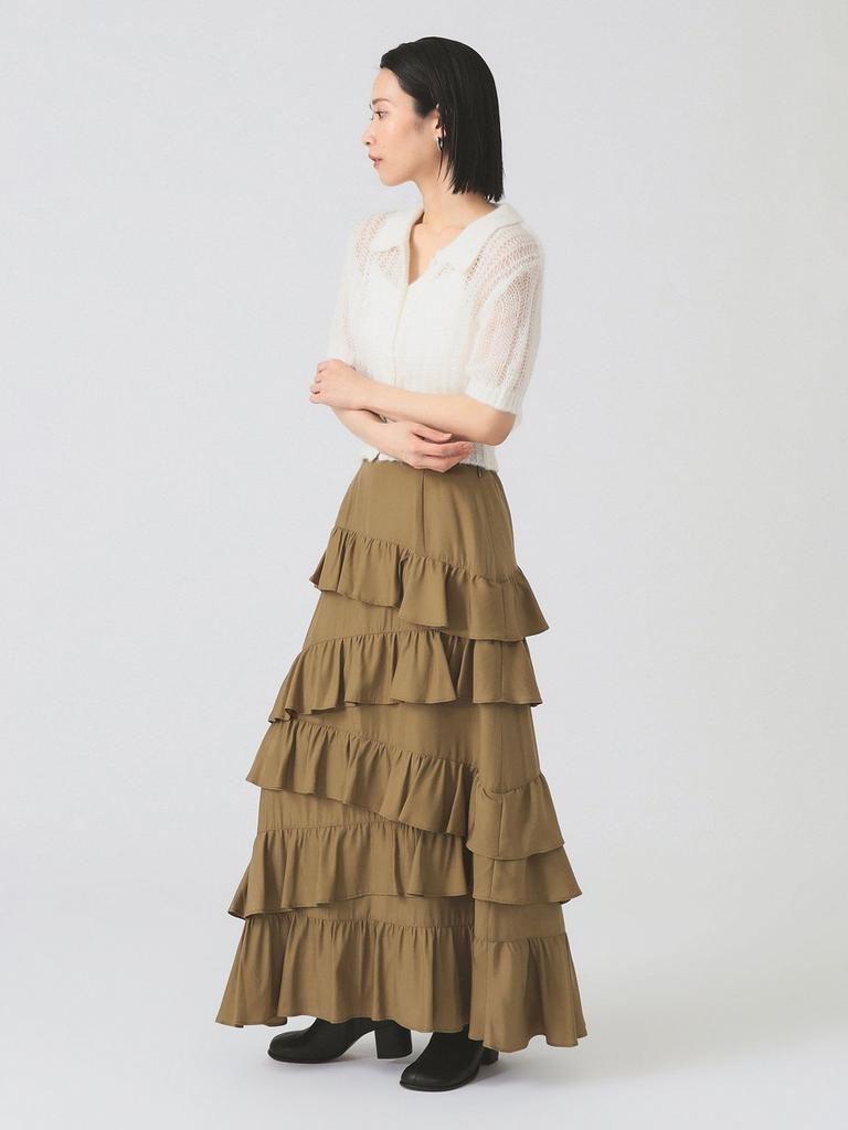 Ray Beams Women's Asymmetrical Ruffle Tiered Skirt, Beige 1