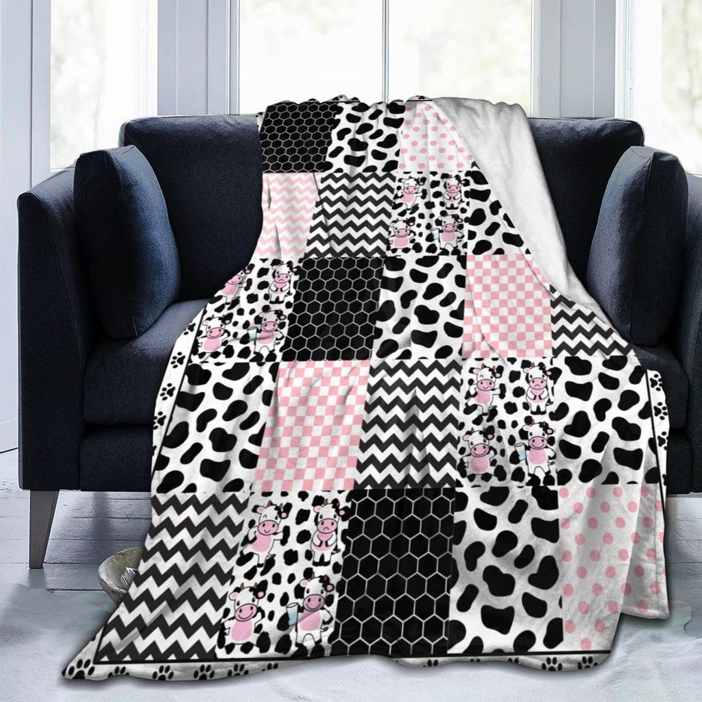 Cow Print Blanket Black White Bed Throws Soft Couch Warm Small Blankets Plush Gift for Daughter Mom, Bedroom Decor Sofa Cozy
