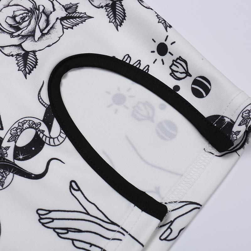 Gotické šaty s květinovým potiskem bílé s krátkým rukávem s vysokým pasem bodycon mini šaty