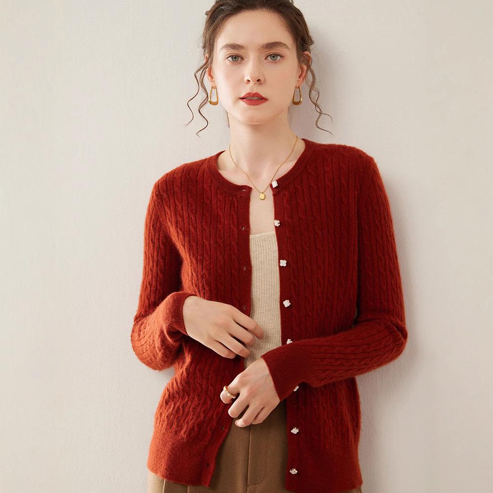 Women's Round Neck Cashmere Cable Knit Cardigan – Korean Style Slim Fit for Autumn and Winter