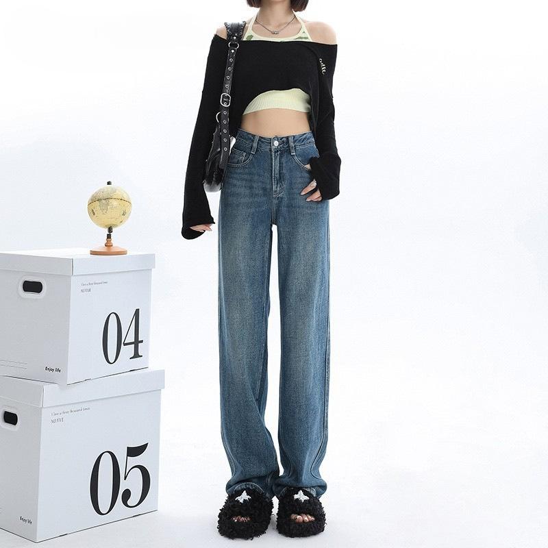 Black and gray high-waisted wide-leg jeans for women's spring, new loose and thin straight extended pants