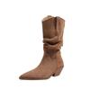 Women's Boots Luxury Suede Leather Casual Boots Fashion Pointed Toe Mid-calf Boots Thick Heeled Western Cowboy Boot Botas Mujer