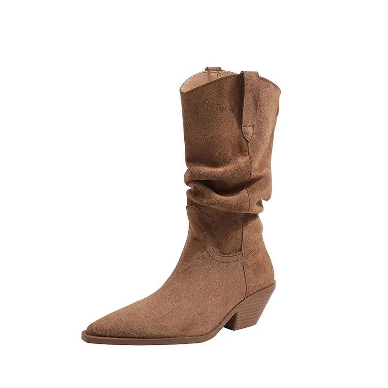 Women's Boots Luxury Suede Leather Casual Boots Fashion Pointed Toe Mid-calf Boots Thick Heeled Western Cowboy Boot Botas Mujer