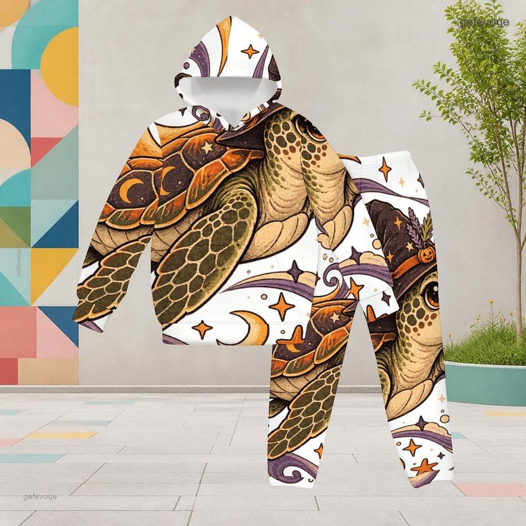 Girls Hooded Long Sleeve Turtle Printed Kangaroo Pocket Top Cuffed Pants Two Piece Set