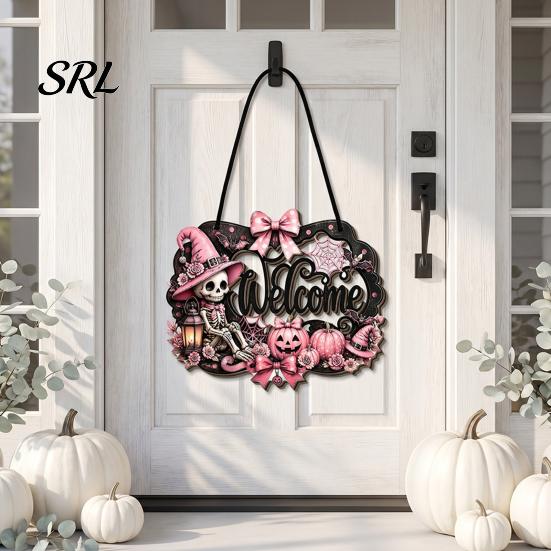 Holiday Door Sign for Store Entry Halloween Pumpkin Ghost Wooden Welcome Hanger Sign, Cute Wall Ornament with Bell Party Hanging Rope, Decor