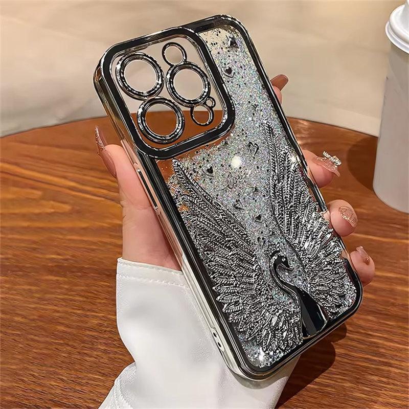 Husă de Telefon de Lux cu Placare, Sclipici Bling, Nisip Mișcător, Lebedă Desen Animat pentru iPhone 15 11 12 13 14 16 Pro Max Plus, Husă cu Protecție pentru Cameră
