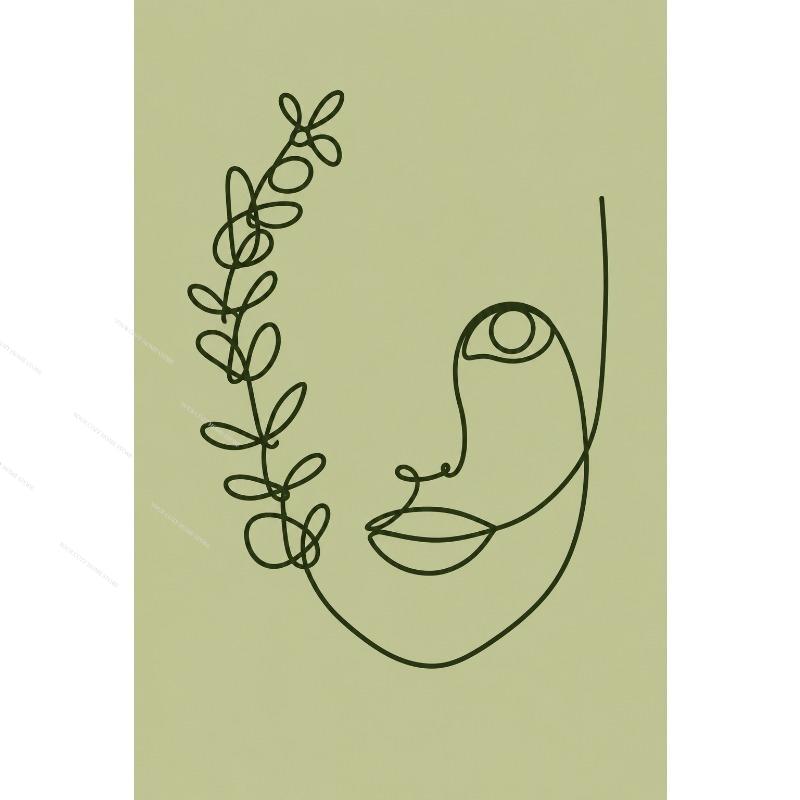Sage Green Abstract Line Art Canvas Gallery Wall Prints Minimalist Geometric Leaf Face Wall Art Boho Neutral Modern Home Decor