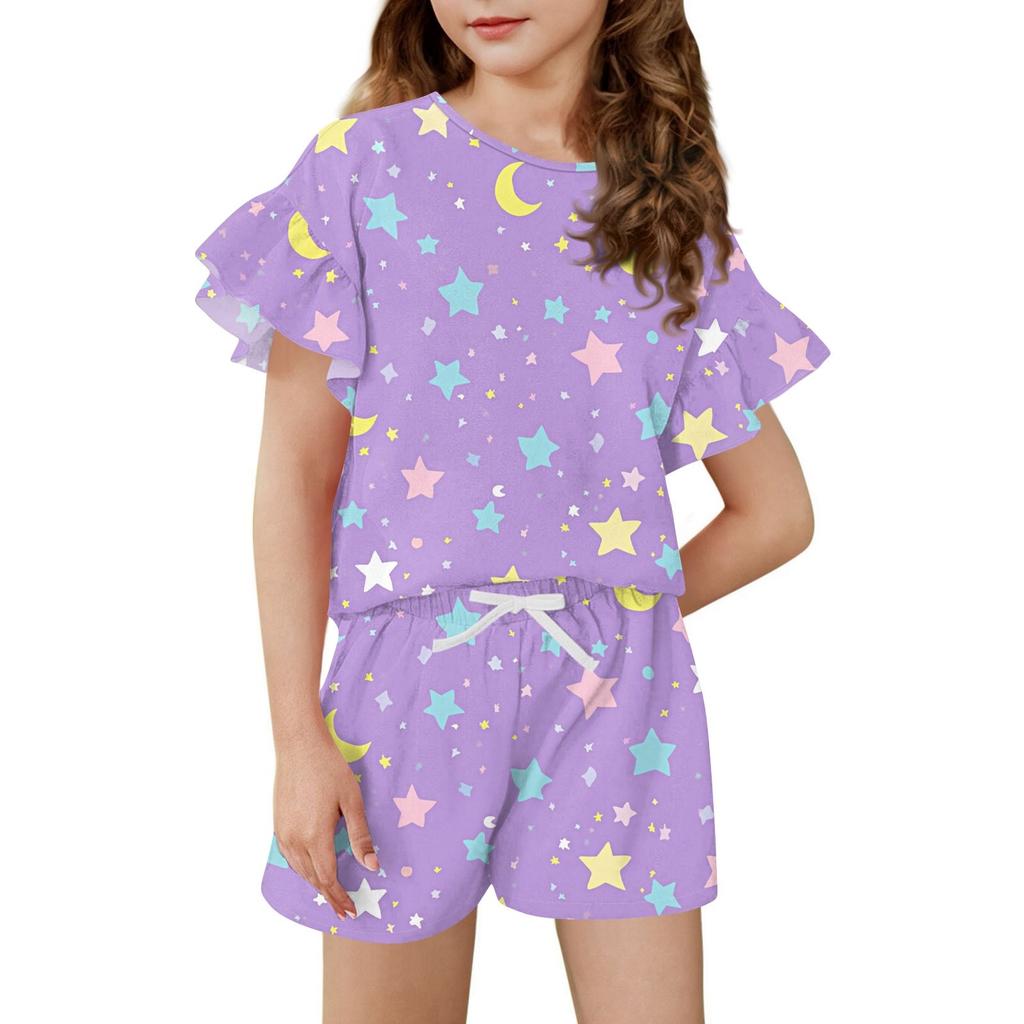Girls' Summer Outfit Ruffle Sleeve Top And Shorts Clothing Set Lightweight Casual Two Piece