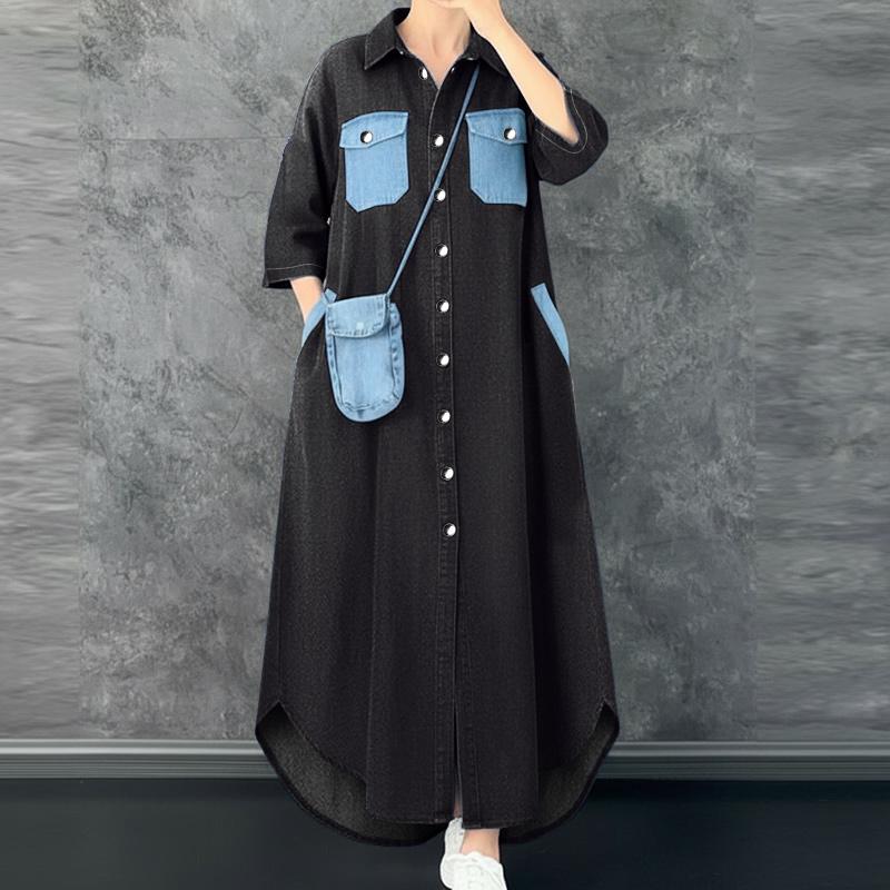 

ZANZEA Women Casual Turn Down Collar Short Sleeve Patchwork Long Shirt Dress S чёрный