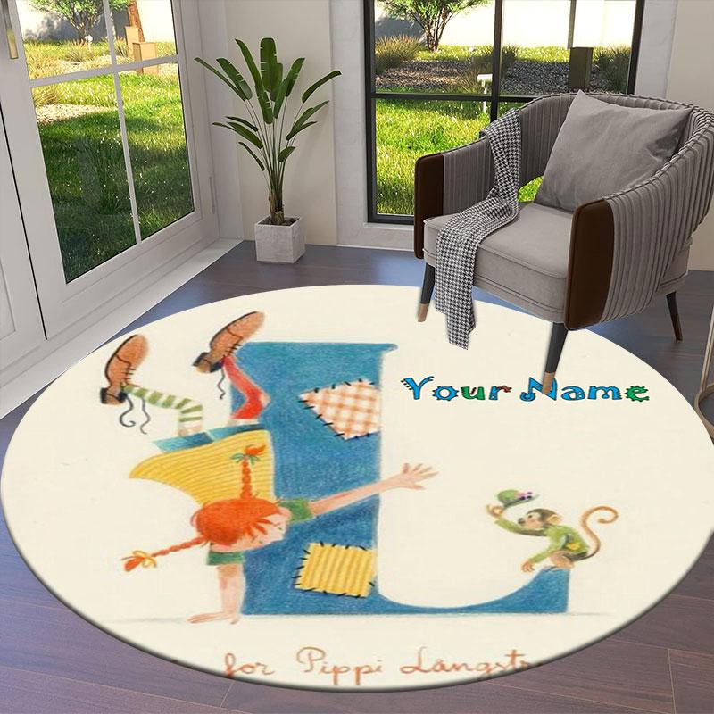 Pippi Longstocking Custom Name Round Area Rug,Carpet Rug for Living Room Bedroom Sofa Playroom Decor,Non-slip Floor Mat