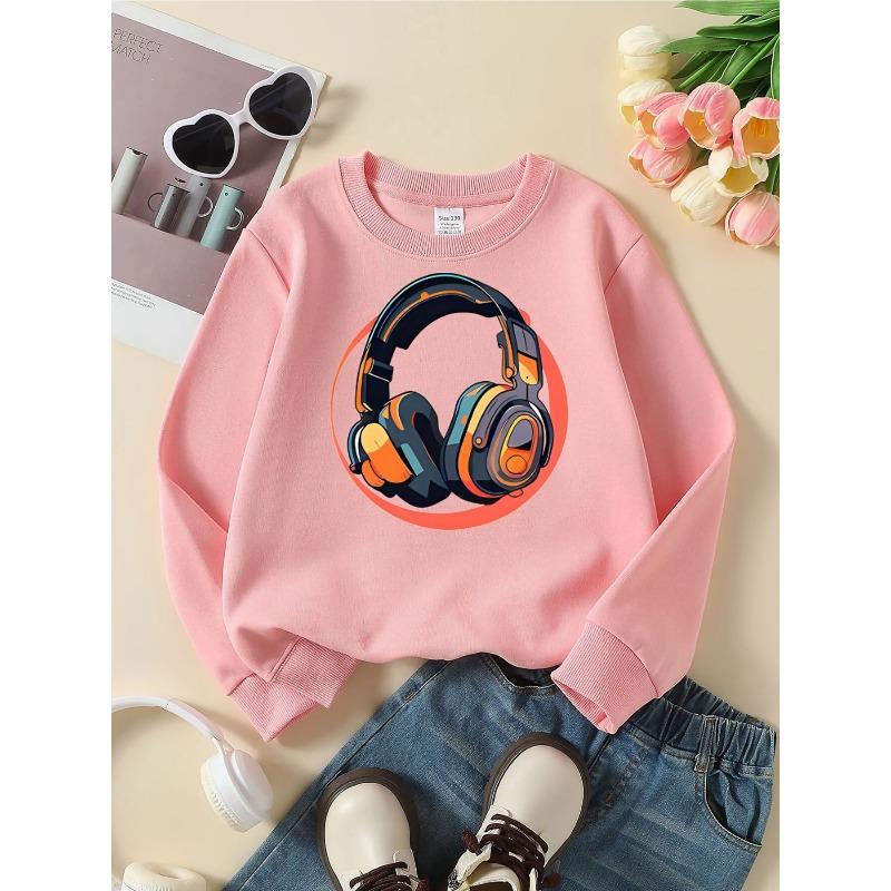 European sizes Colorful Headphones Music Tech Girls' Fashionable Crewneck Sweatshirt, Western Top, Children's Long Sleeved Casual Tee