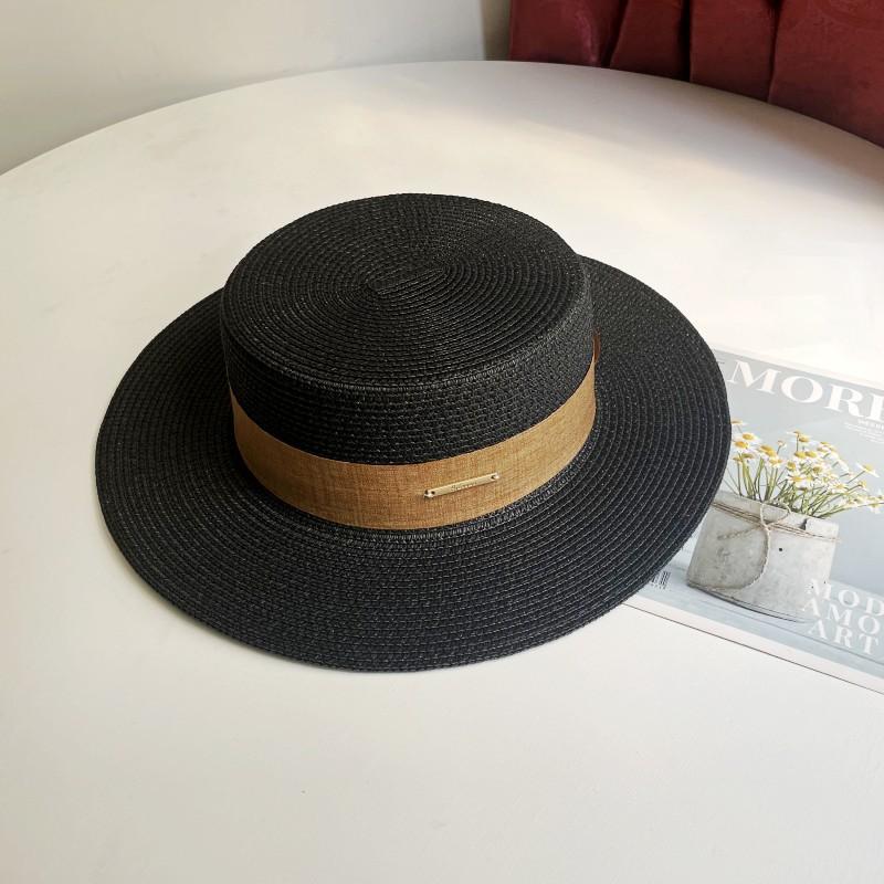 Luxury Elegant Women Summer Straw Hat Flat Top Boater Cap Folds Silk Pearl Decor Hand Weave Wide Brim Sun Hat Panama Fedora