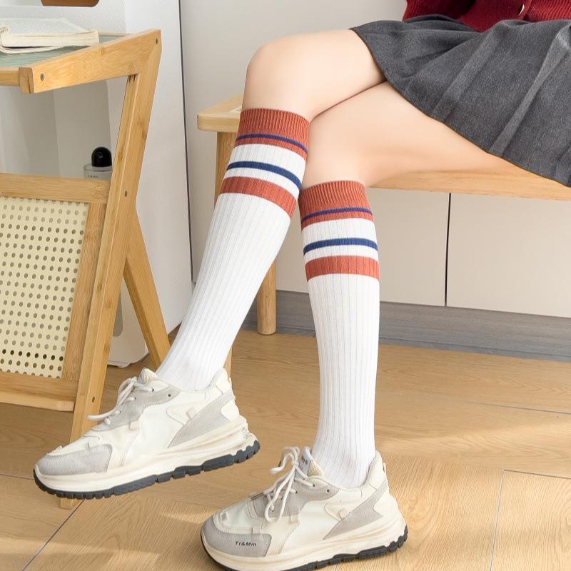 White Double Needle Striped Calf Socks Combed Cotton Japanese Retro Women'S Medium Tube Socks College Cotton Socks