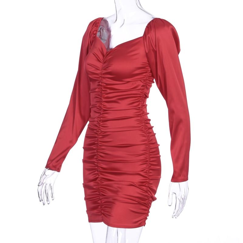 Langes Puffärmel Schräghals Satin Plissee Sexy Mini Kleid Herbst Winter Damen Einfarbig Party Elegant Streetwear Outfit