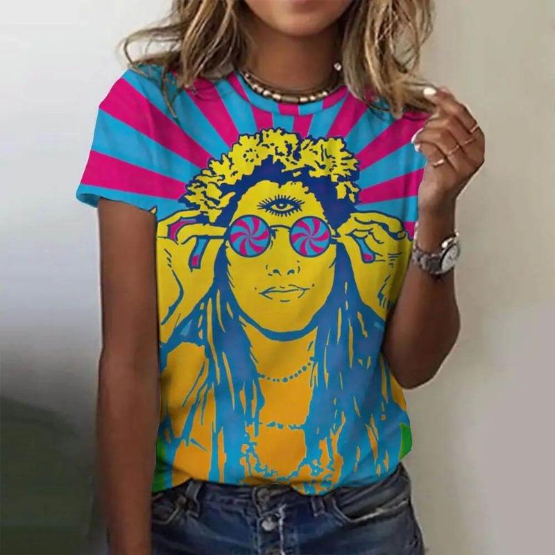 Women's round Neck Short Sleeve T-shirt Animal Print 3D Printing Street Style Loose Fit Summer Casual Wear Polyester Material