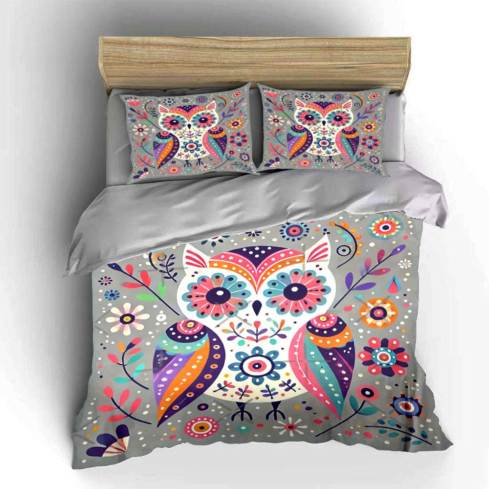 Colorful Owl and Floral Design Bedding Duvet Cover Set Duvet Cover Pillowcases  (1*Duvet Cover 2*Pillowcases, without duvet insert)