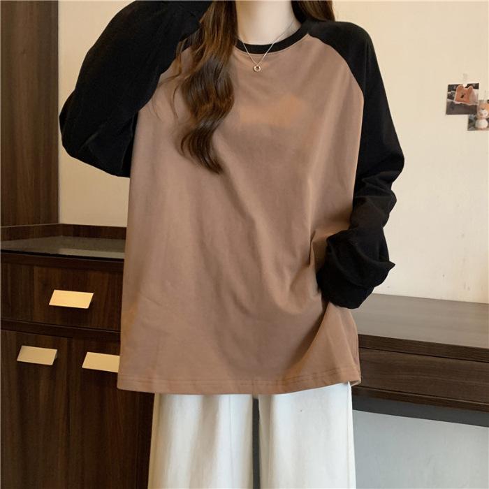Women' Spring and Autumn Tee Tops for Women Shirts Grey O Neck Contrast Color Long Sleeve T Shirt Loose T-shirt Patchwork