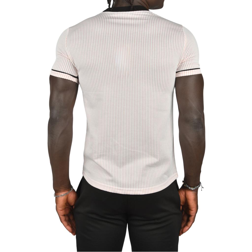 DeepSEA Slim Fit Lycra Striped Collar and Striped Sleeves Lucky Text T-Shirt 2403201