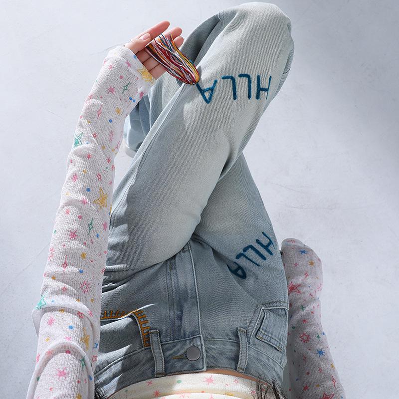 Korean Embroidered Jeans for Women - 2025 Spring/Summer Collection: Loose, Slim, Straight-Leg Design