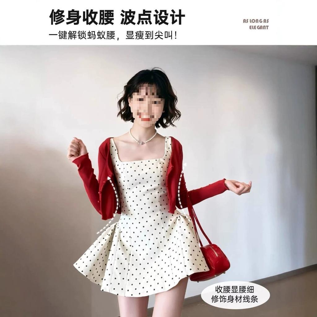 Apricot polka dot suspender dress for women is beautiful in summer, small and thin, summer short skirt birthday wear