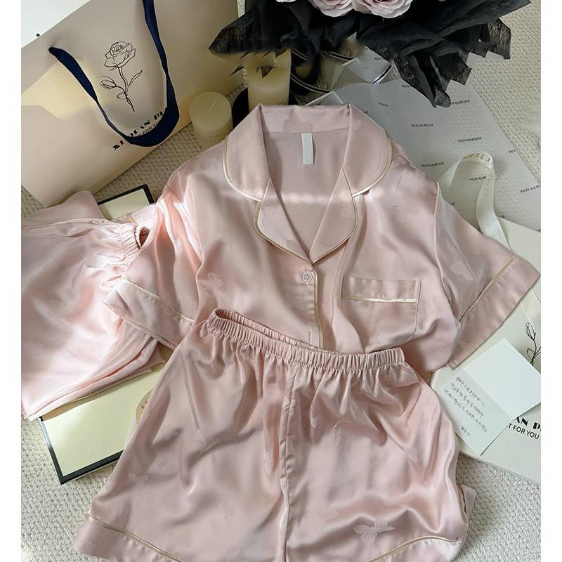 Pajamas Women's Summer Ice Silk Jacquard Pajamas Simple Loose Casual Comfortable Women's Loungewear Suit Premium Sense