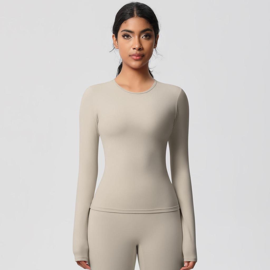 European-American Slim Fit Long Sleeve Yoga Top - Nude, Brushed Feel, Round Neck, High-Intensity Running & Fitness Wear