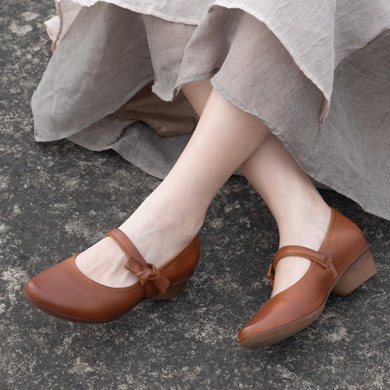 Johnature Ekte Lær Damepumps Retro Sauskinn Myksålede Komfortable Mellomhælede Sko