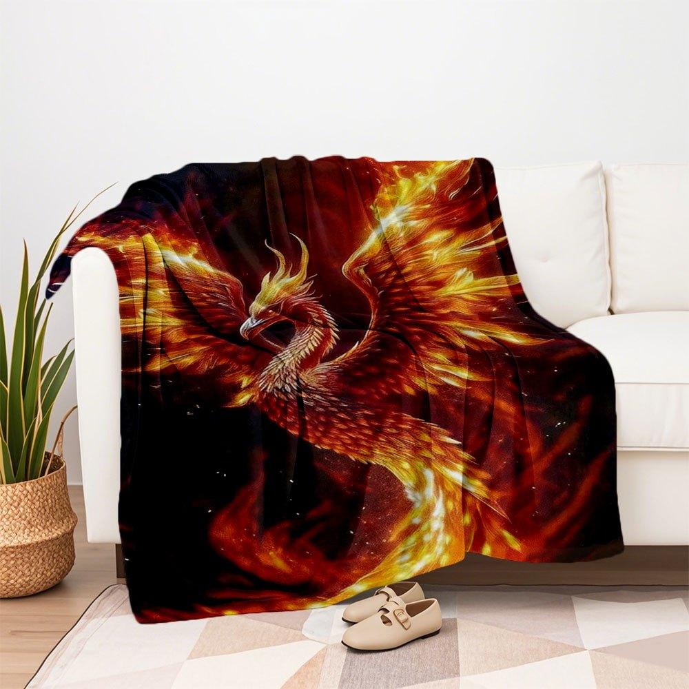 "Phoenix Rising: Fiery Fantasy Art Print - Mythical Bird Decor"Blanket Flannel Throw Blanket for Sofa, Bed, Travel, Camping, Office, Couch,