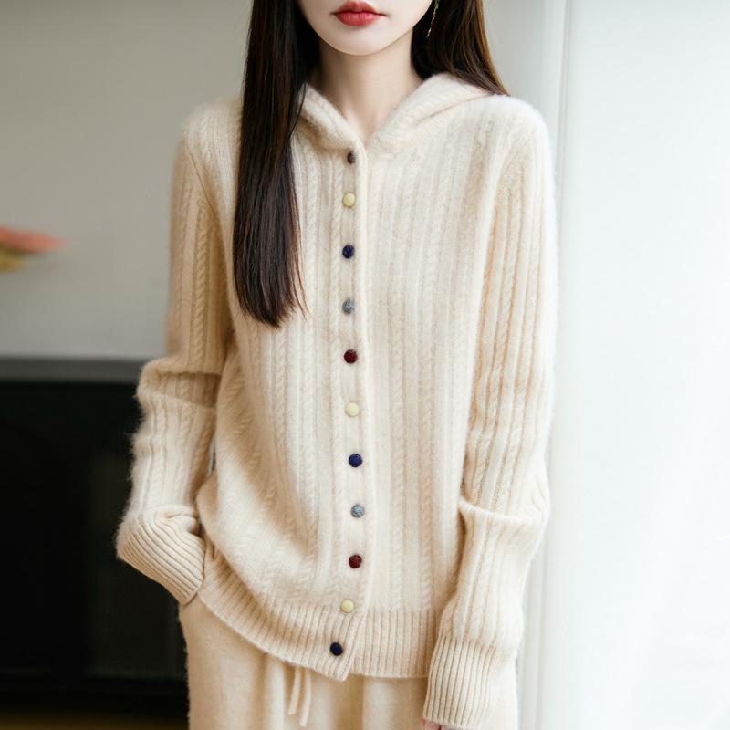 Autumn And Winter New Thickened Hooded Wool Cardigan Women'S Twisted Flower Simple Casual Lazy Wind Knitted Sweater Jacket