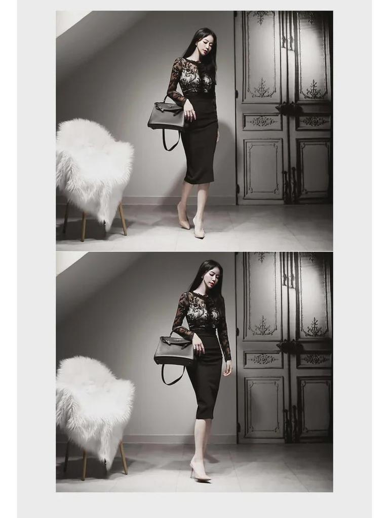 Korean Style Women's Slim Fit Lace Splice Midi Dress
