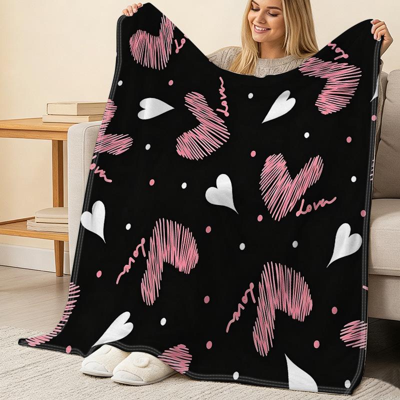 Lightweight Flannel Blanket Heart Pattern, Soft Warm, Home & Car Use, Perfect Valentine's Gift