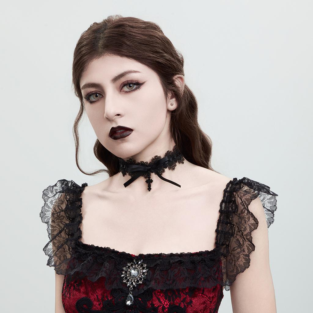 Sweet Cool Lolita Bow Love Necklace Necklace, Black Lace Up Choker Jewelry