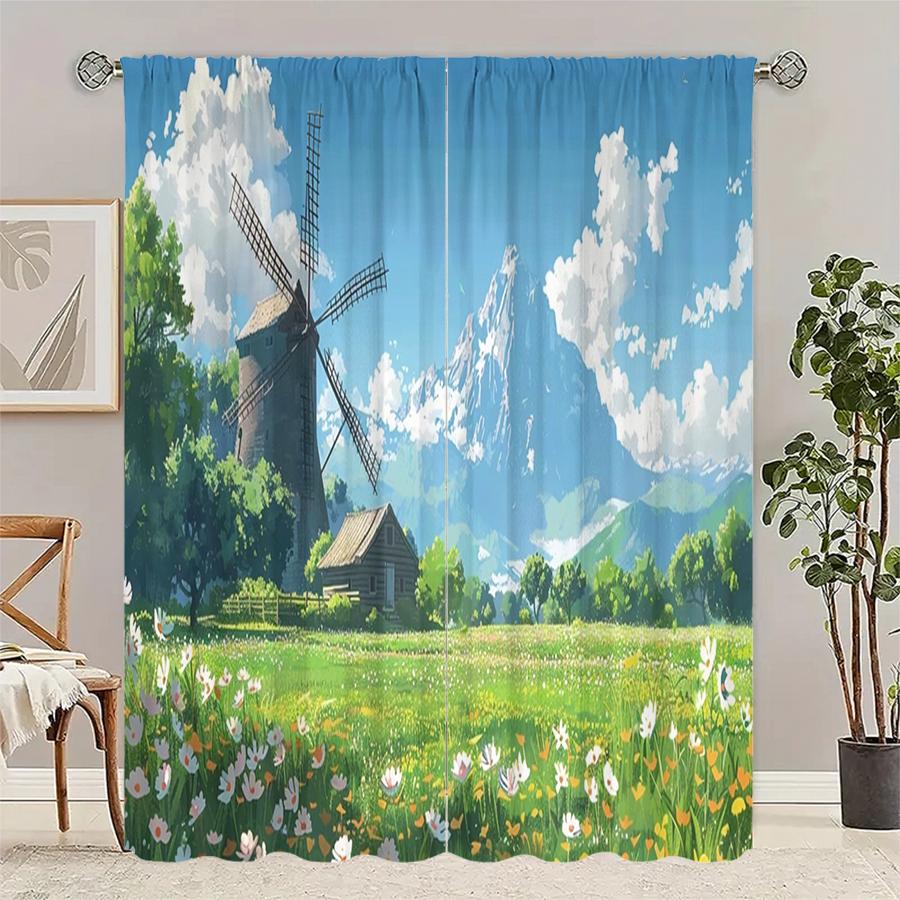 

Set Of 2 Rural Scenery Print Curtains Suitable Bedroom Living Room Kitchen Decoration Home Window Made Polyester Great Treatment W100*H70(CM)-Hooks&1PCS