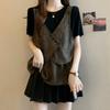 Plus Size Summer Patchwork Shoulder Fake Two Pieces Short Sleeve Bottoming Shirt Fat Sister Stylish Niche Style Cinched Slimming Pullover