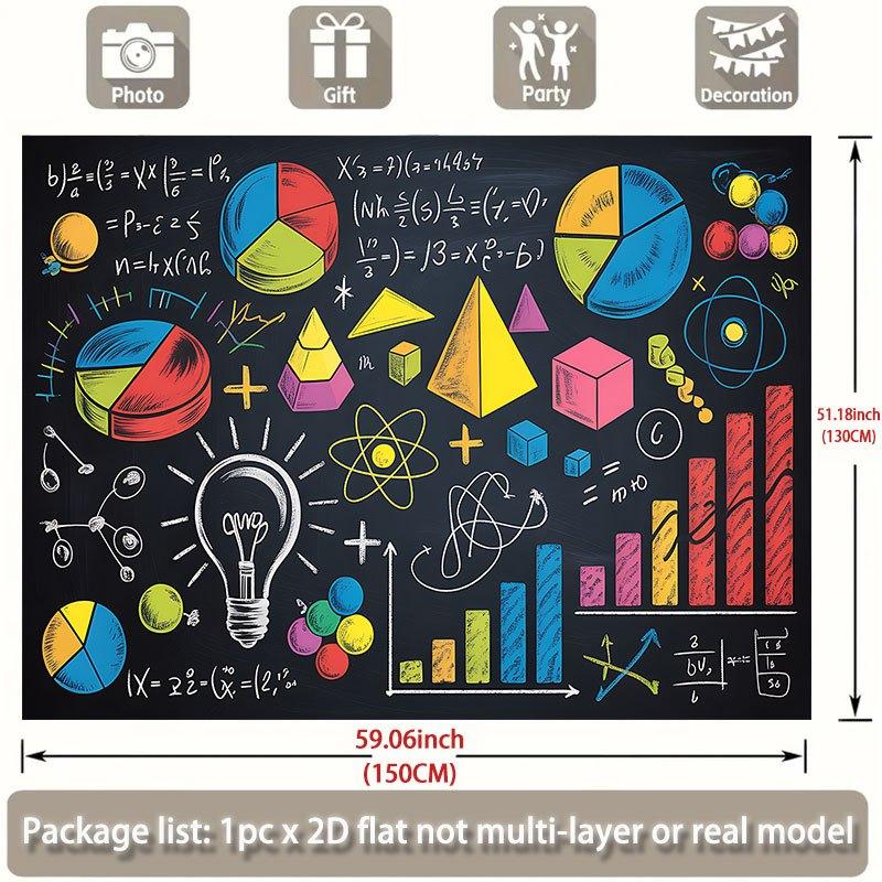 One piece, 2D flat banner, designed in the form of a blackboard, featuring mathematical and scientific symbols