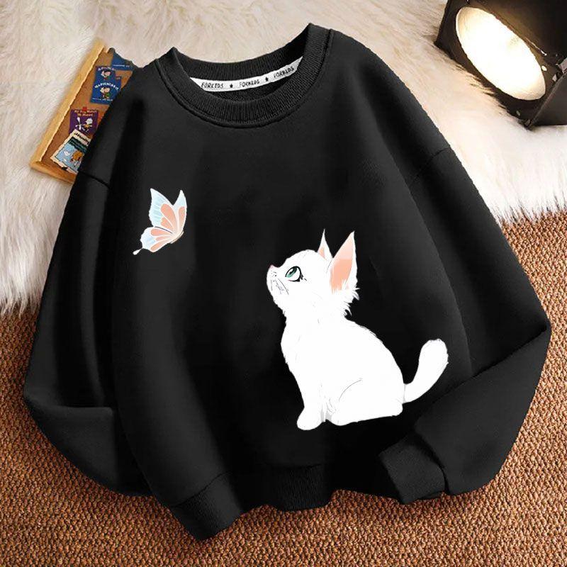 Sudaderas de Gato Lindas para Niños Otoño, Chaquetas Casuales Holgadas de Manga Larga y Cuello Redondo para Niños y Niñas