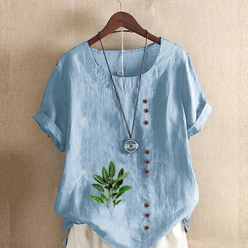 Women's Fashion Green Leaf Prined Round Neck Short Sleeve T-shirt Casual Cotton Linen Graphic Shirt Leisure Loose Summer Blouse Tops