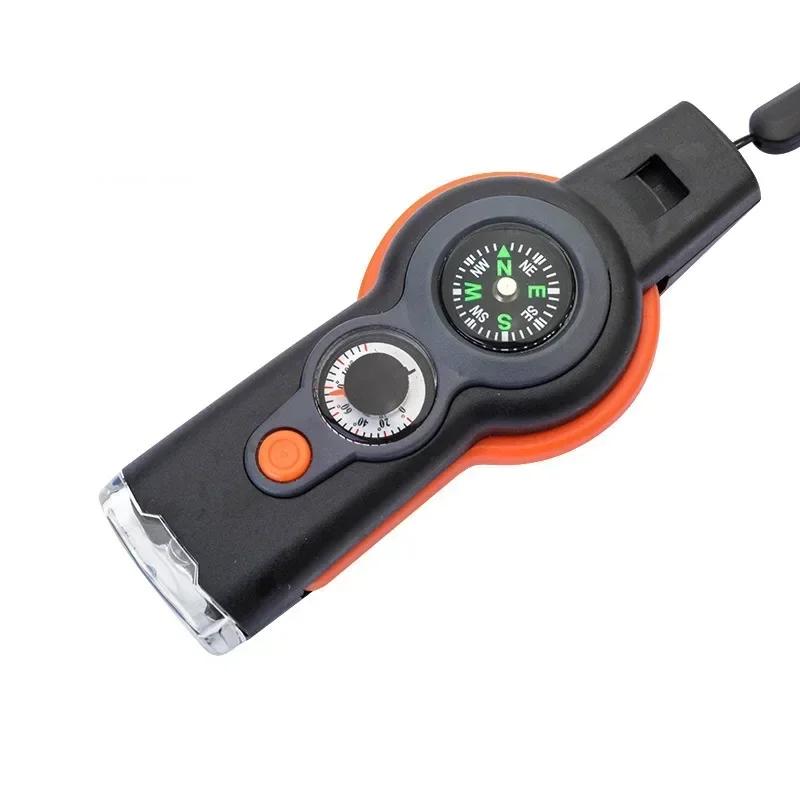 7 in 1 Survival Whistle High Decibel Rescue Whistle with LED Light Thermometer Compass Survival Reflective Signal Mirror