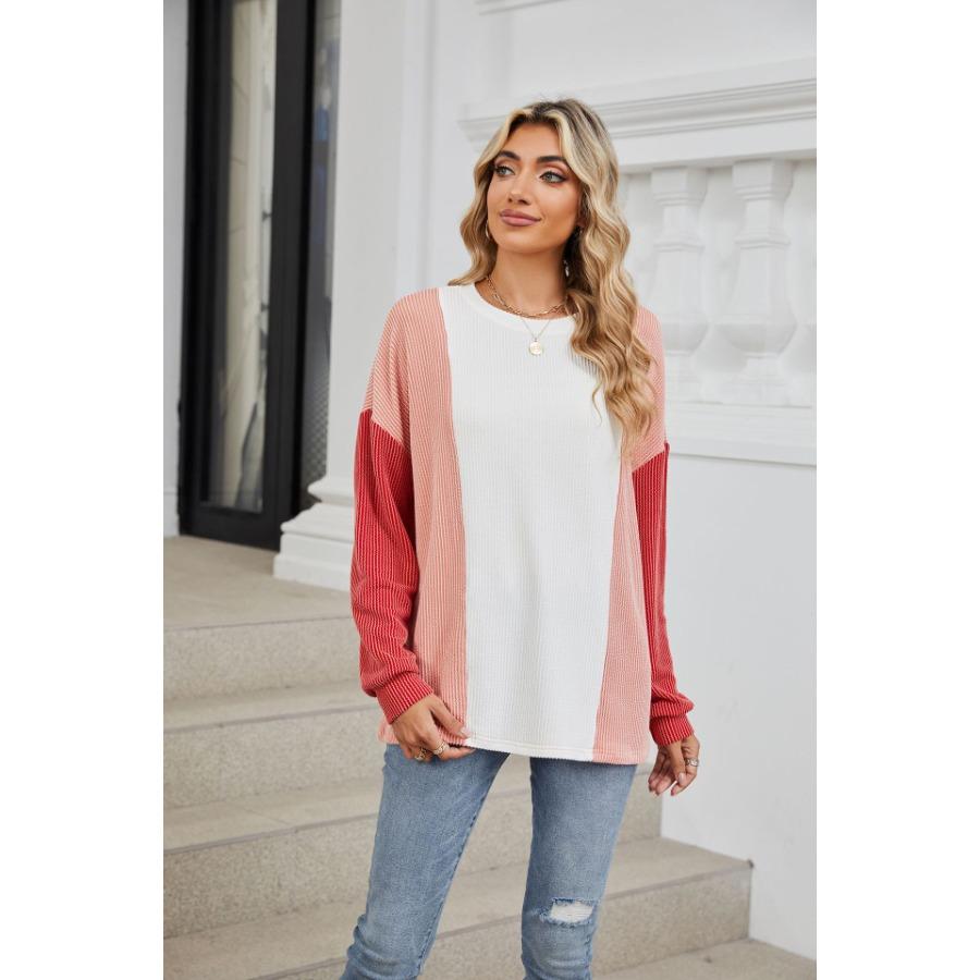 Autumn Winter Women Pullover Long Sleeves Knitwear Clothing Casual Round Neck Patchwork Loose Fitting Pullovers Plus Size Top for Women