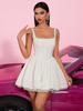 French Chic White Lace Square Neck Dress with Corset Waist and Flared Hem