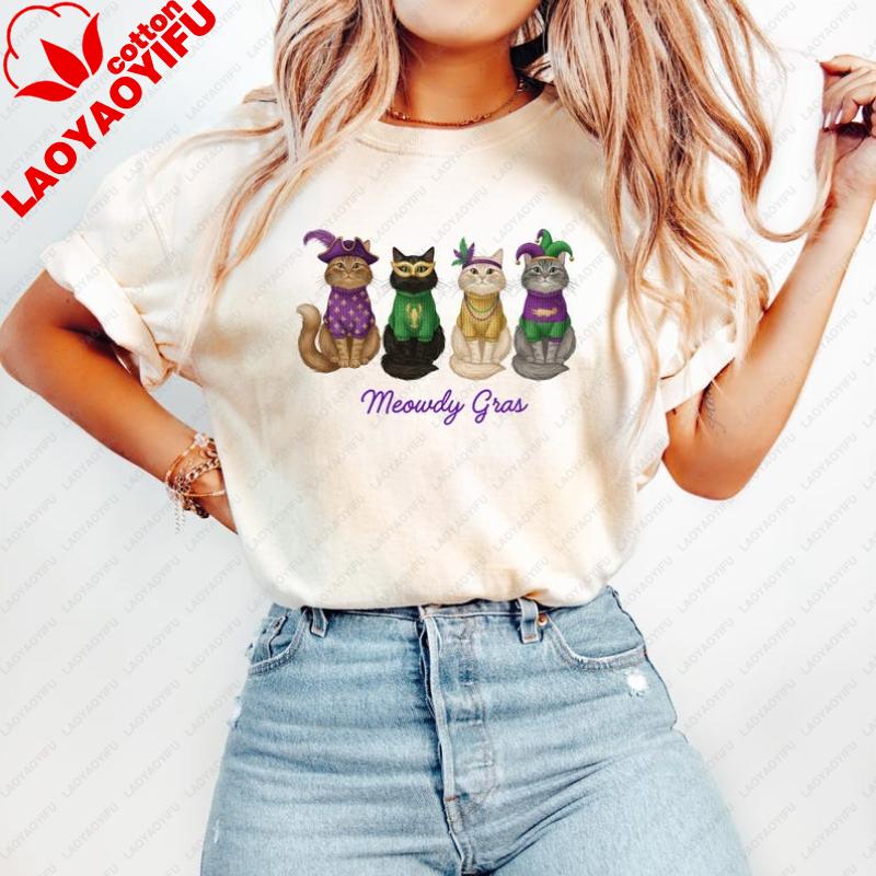 Meowdy Gras Tshirt Cat Mardi Gras Sweatshirt Mardi Gras Festival Gift Cat Lover Hoodie Graphic T Shirts Women Clothing Y2k Top S