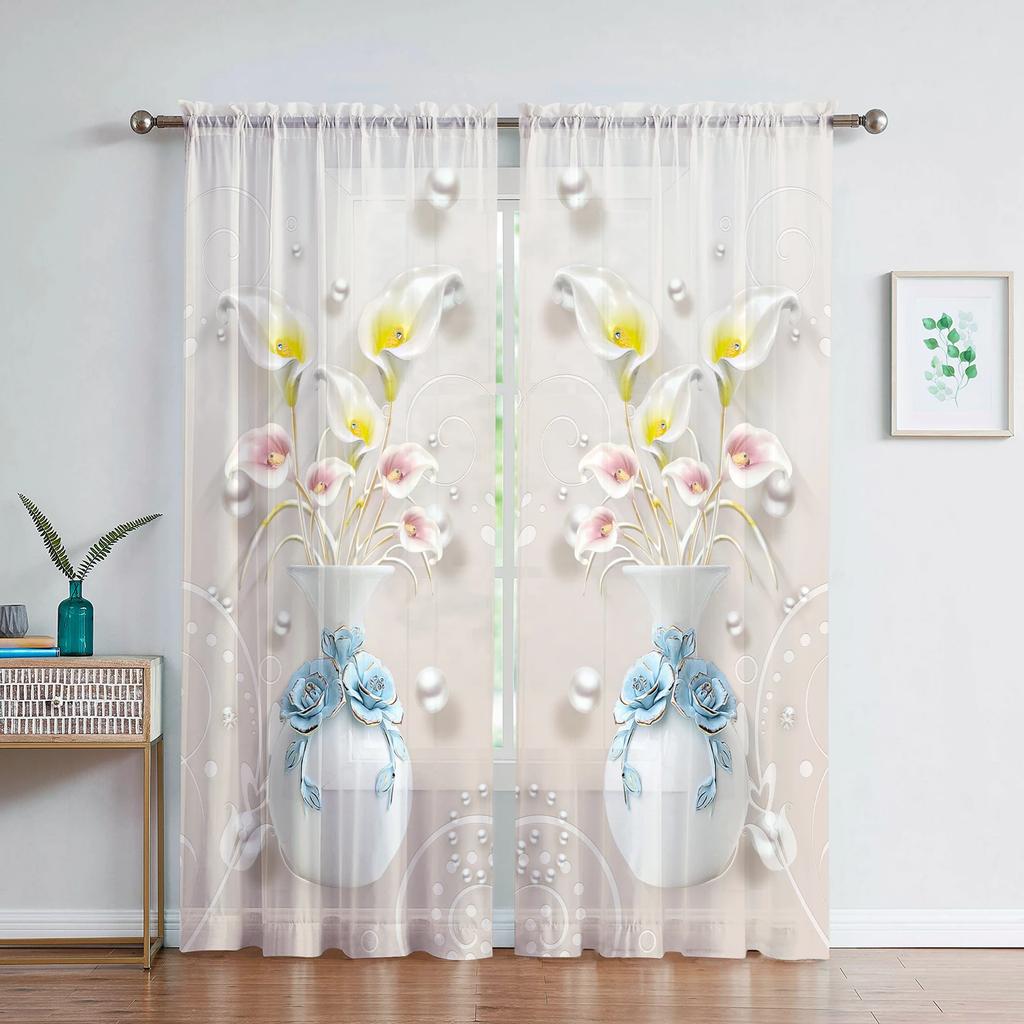 Delicate Vases Floral Curtain Living Room Bedroom Transparent Tulle Chiffon Voile Kitchen Window Curtains Sheer Made Of Polyester Sitting Decor