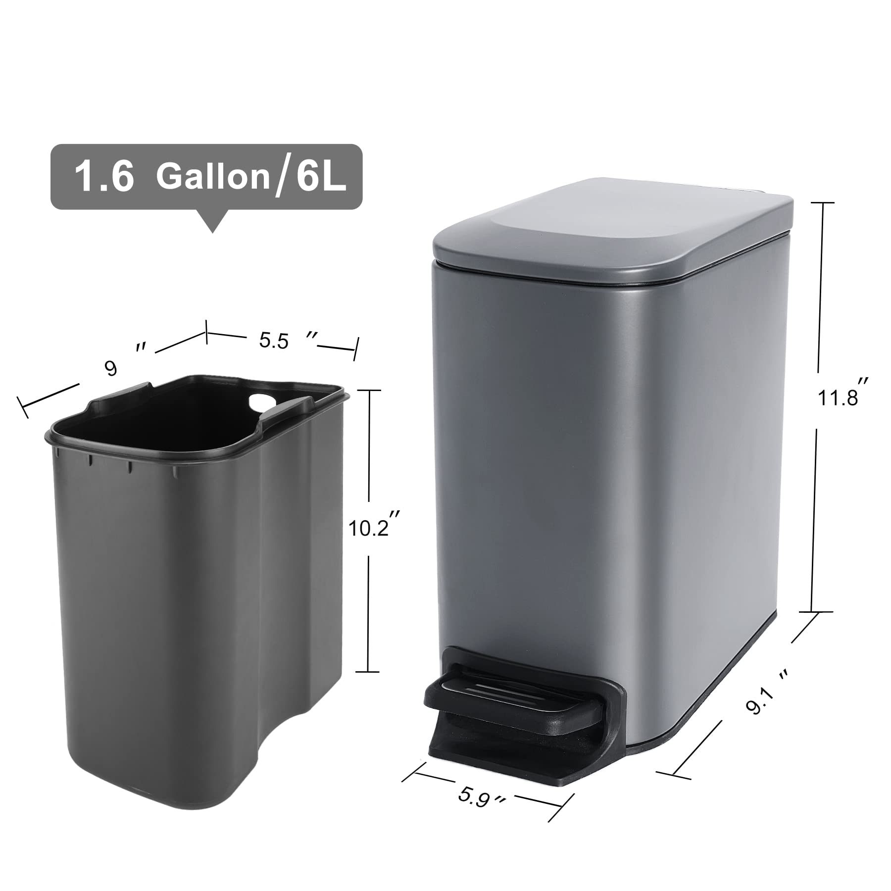 

Small Bathroom Trash Can with Lid Soft Close,6L Stainless Steel Garbage Can with Removable Inner Bucket, Anti-Fingerprint Finish 6L серый