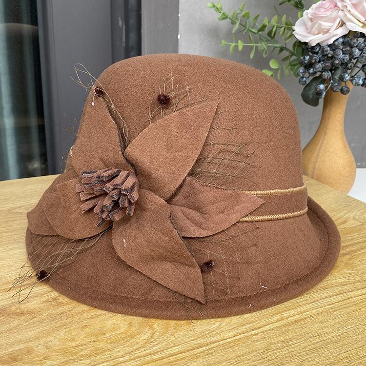 Female Autumn And Winter British Celebrity Top Hat Three-Dimensional Mesh Flower Dome Basin Hat Korean Version Casual Versatile Half-Roll Woolen Hat