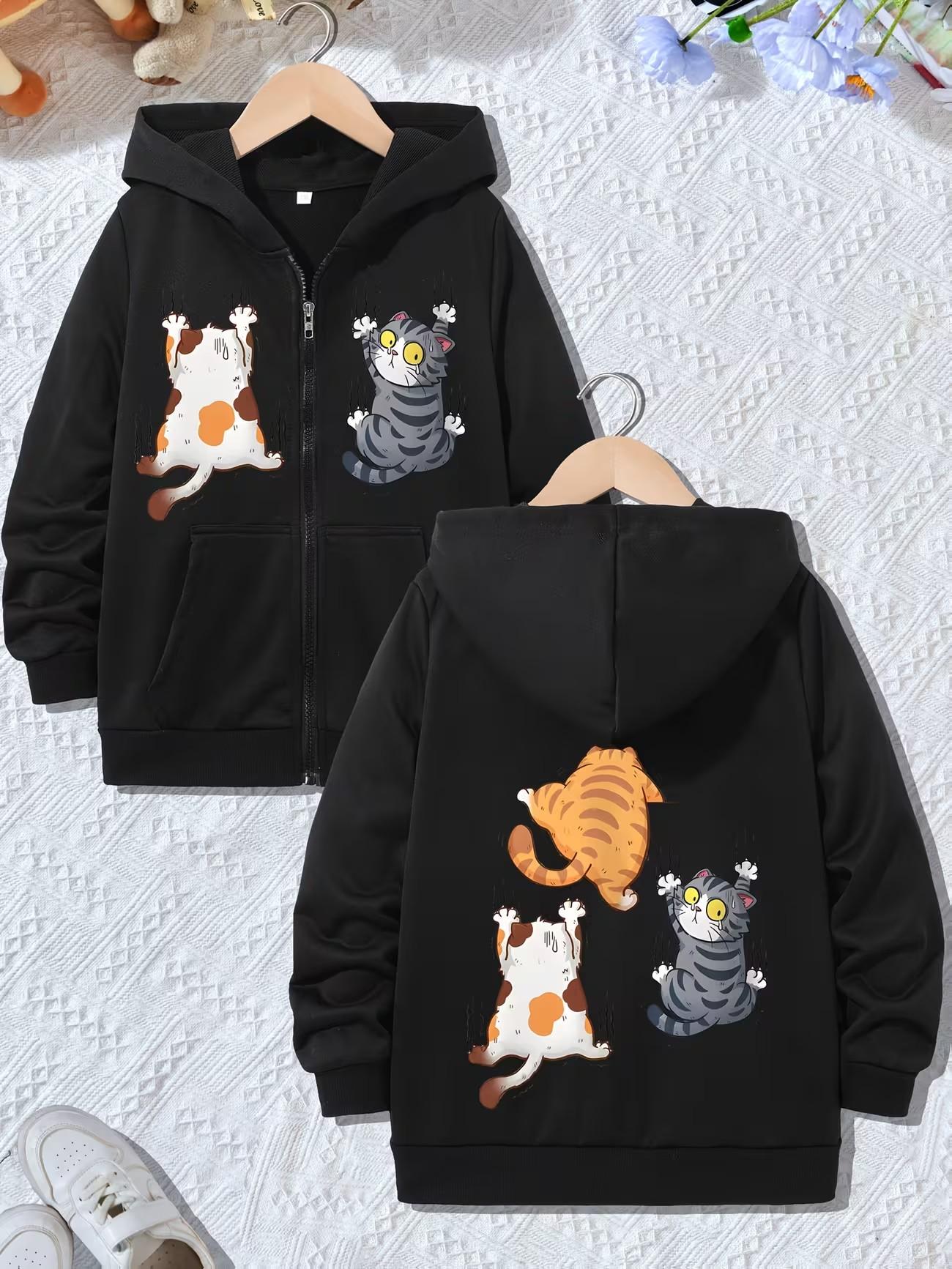 Jungen Mädchen Reißverschluss Winter Herbst Jacke Trendige Cartoon Sweatshirts Unisex Lustig Stilvoll Kawaii Zip Up Hoodie Katzenaufdruck 160 white
