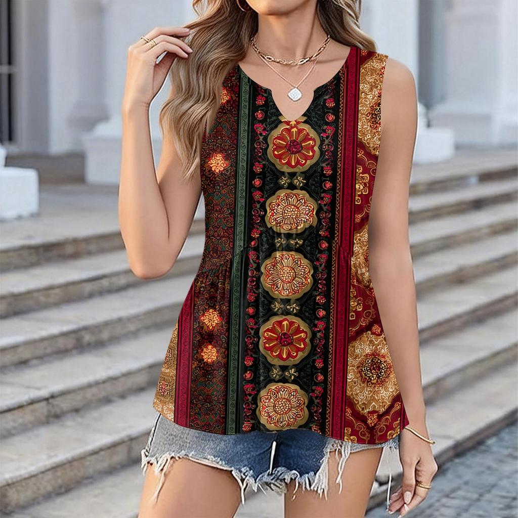 Modisches Neues Retro Floral Texturiertes V-Ausschnitt Lockeres Casual Fließendes Ärmelloses Westen-Top für Damen