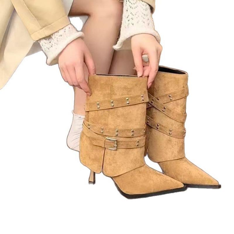 Temperament Spice Girls Niszowe Spodnie Buty Damska Klamra do Paska Nowe Buty na Wysokim Obcasie Szpiczaste Nity Krótkie Buty Obcisłe Pojedyncze Buty