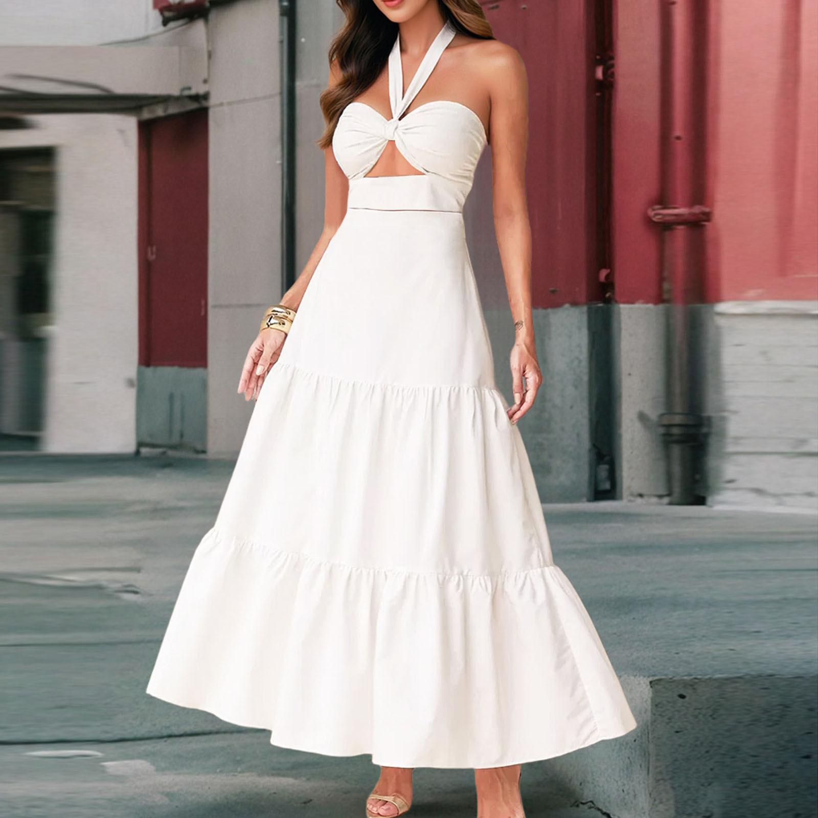 

Женская мода сексуальные стройнящие висячие шеи торт однотонные платья XL белый