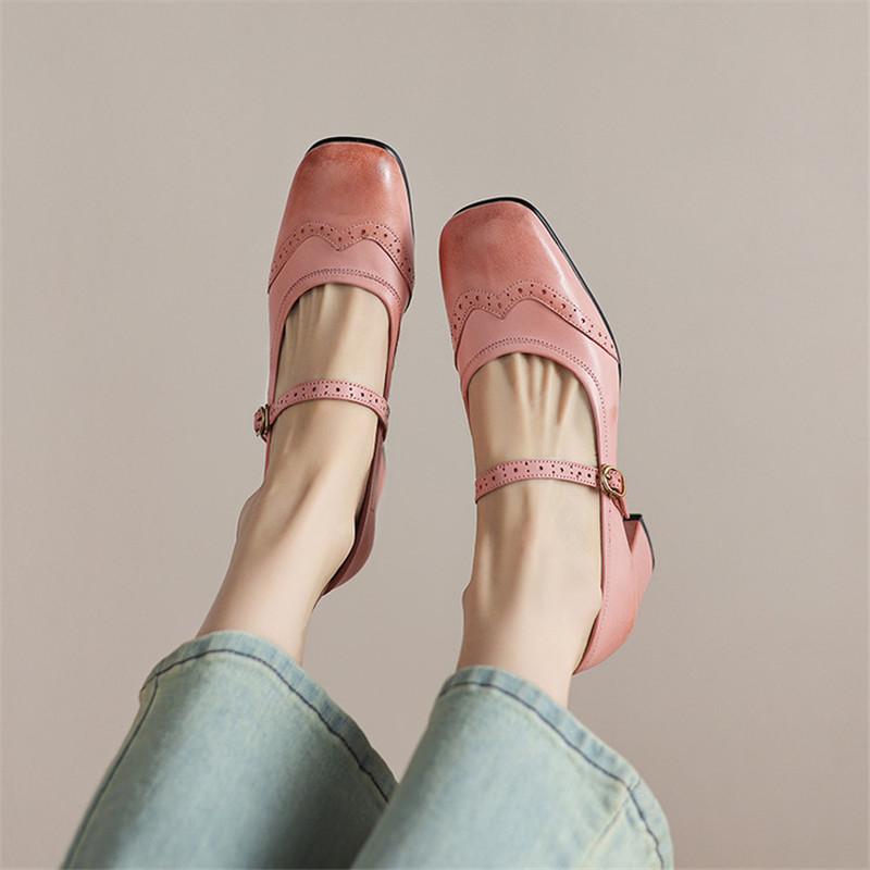 Fashion New Spring/Summer Genuine Leather Women Pumps Shoes for Women Fashion Brogue Designs Square Toe Mary Jane Shoes Women High Heels